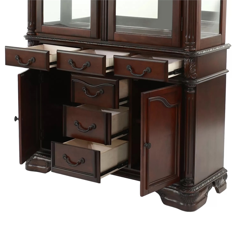 Shaya Hutch- 3 Glass Shelves- 6 Drawers- 2 Doors- Cherry Brown 88 Inch