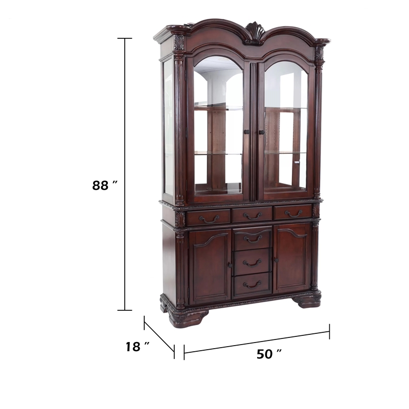 Shaya Hutch- 3 Glass Shelves- 6 Drawers- 2 Doors- Cherry Brown 88 Inch