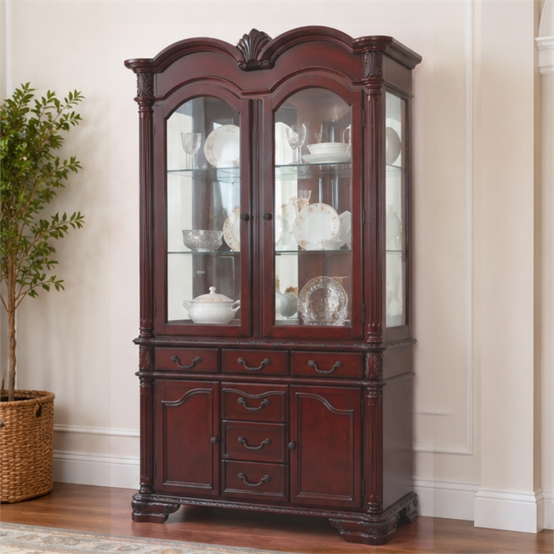 Shaya Hutch- 3 Glass Shelves- 6 Drawers- 2 Doors- Cherry Brown 88 Inch