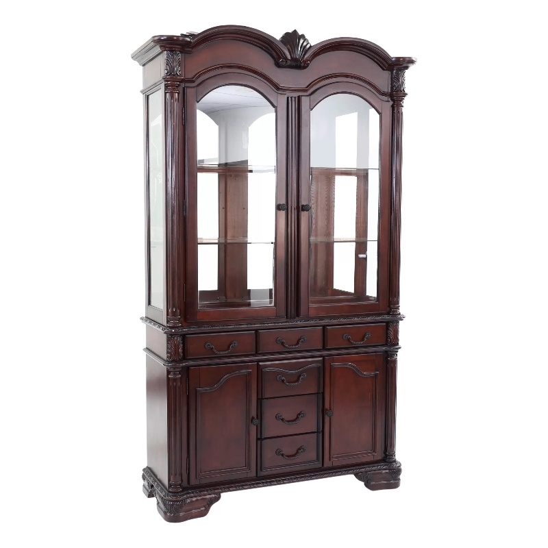 Shaya Hutch- 3 Glass Shelves- 6 Drawers- 2 Doors- Cherry Brown 88 Inch