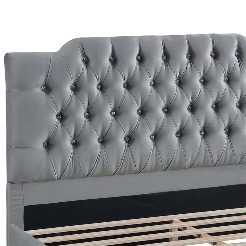Yuko Full Platform Bed- Tufted Gray Velvet Upholstery- Espresso Brown