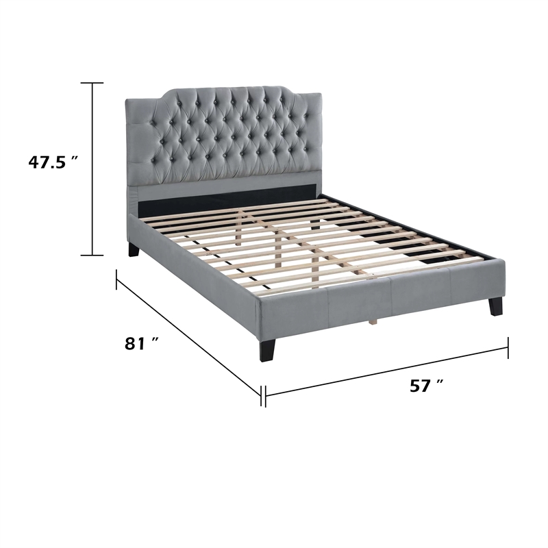 Yuko Full Platform Bed- Tufted Gray Velvet Upholstery- Espresso Brown