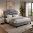 Yuko Full Platform Bed- Tufted Gray Velvet Upholstery- Espresso Brown