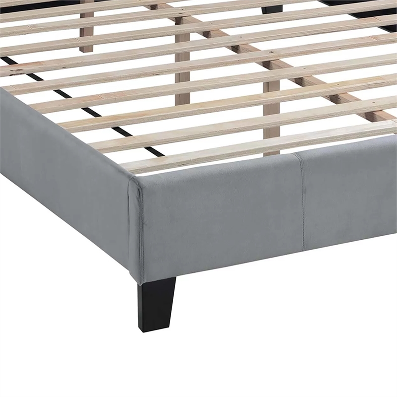Yuko Queen Platform Bed- Tufted Gray Velvet Upholstery- Espresso Brown