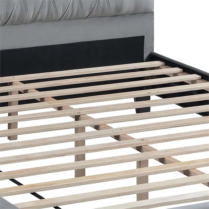 Yuko Queen Platform Bed- Tufted Gray Velvet Upholstery- Espresso Brown