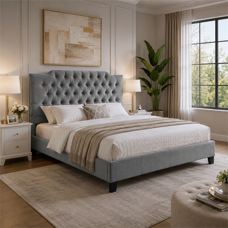 Yuko Queen Platform Bed- Tufted Gray Velvet Upholstery- Espresso Brown