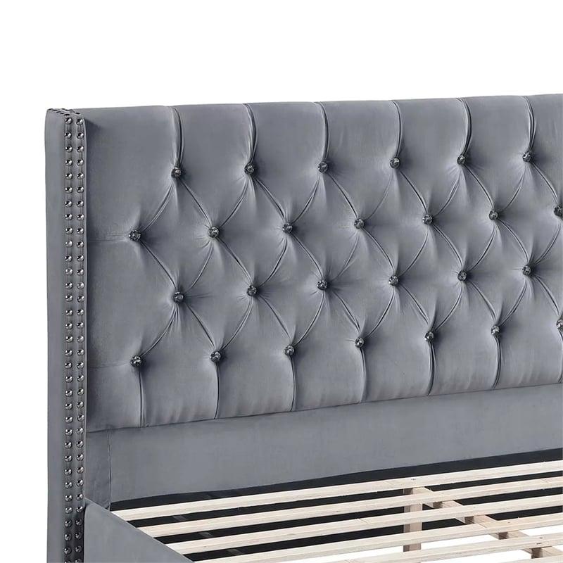 yuko queen platform bed- nailed wingback- gray velvet upholstery- brown
