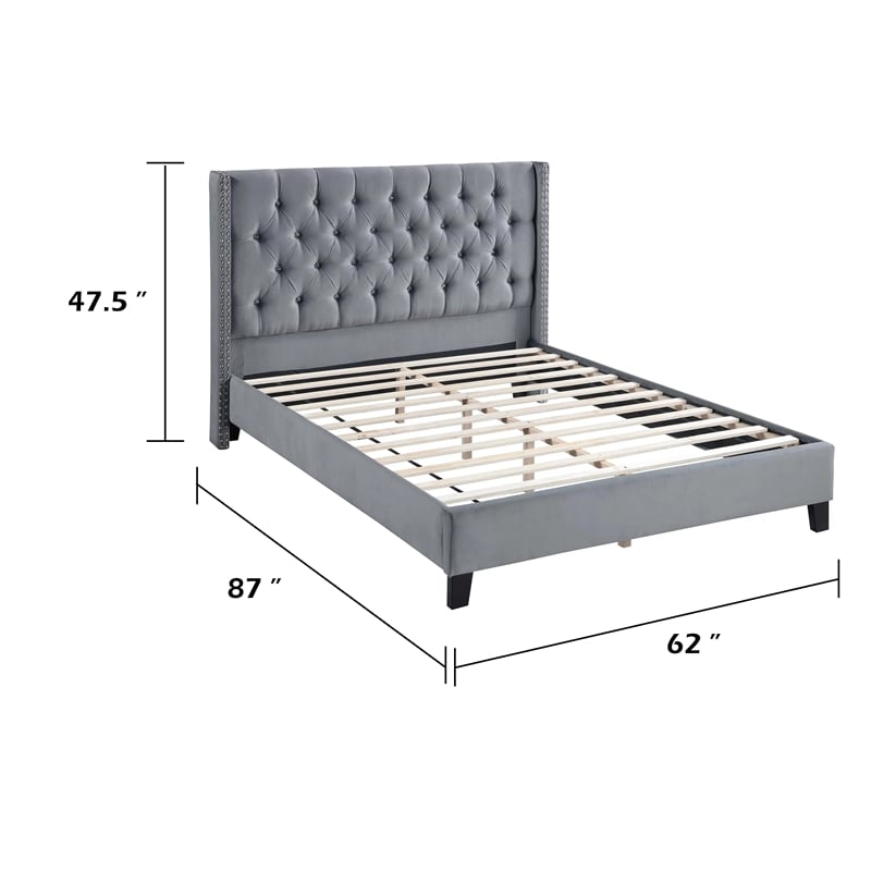yuko queen platform bed- nailed wingback- gray velvet upholstery- brown