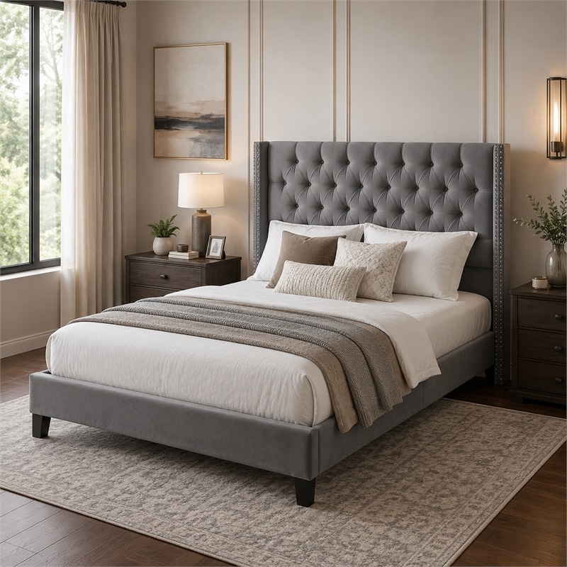 yuko queen platform bed- nailed wingback- gray velvet upholstery- brown