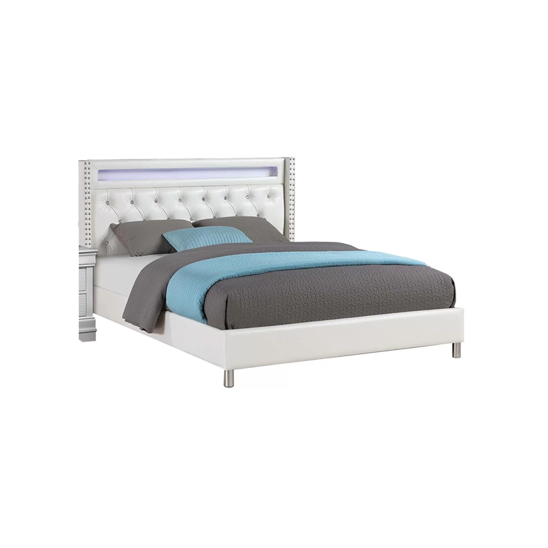 Asma Queen Bed w LED- Charging Station- White Faux Leather Upholstery