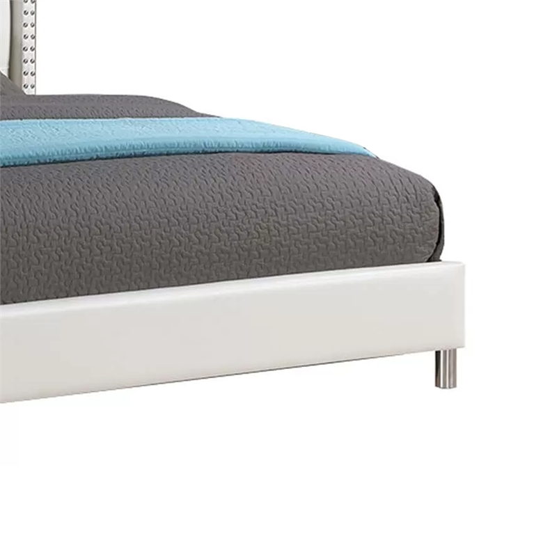 Asma Queen Bed w LED- Charging Station- White Faux Leather Upholstery