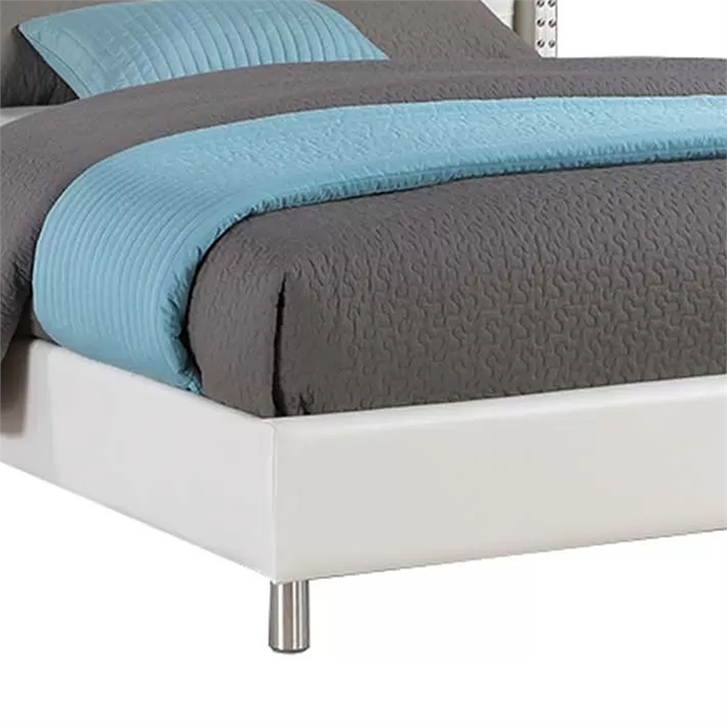 Asma Queen Bed w LED- Charging Station- White Faux Leather Upholstery
