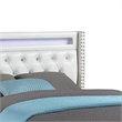 Asma Queen Bed w LED- Charging Station- White Faux Leather Upholstery