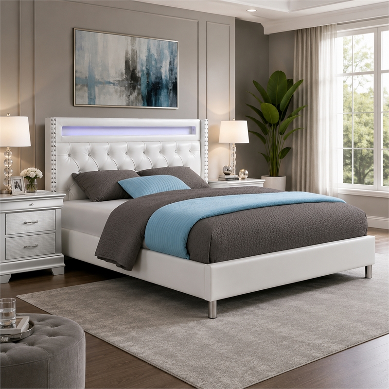 Asma Queen Bed w LED- Charging Station- White Faux Leather Upholstery