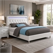 Asma Queen Bed w LED- Charging Station- White Faux Leather Upholstery