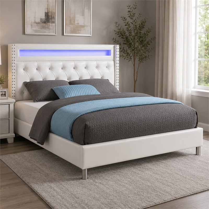 Asma Queen Bed w LED- Charging Station- White Faux Leather Upholstery