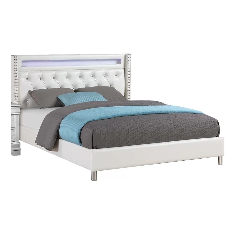 Asma Queen Bed w LED- Charging Station- White Faux Leather Upholstery