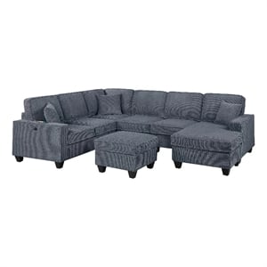 Vini 5pc Sectional Sofa Set- 3 Pillows- USB- Foam Fill Dark Gray Corduroy