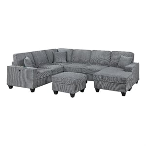 Vini 5pc Sectional Sofa Set- 3 Pillows- USB- Foam Fill Fog Gray Corduroy
