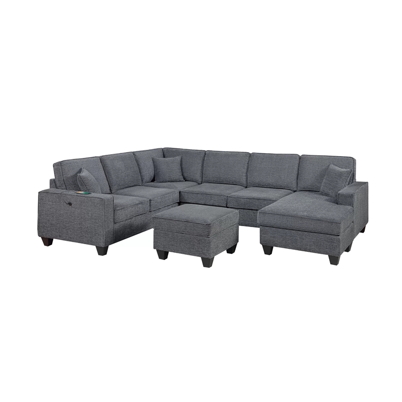 Vini 5pc Sectional Sofa Set- 3 Pillows- USB- Foam Fill Slate Gray Chenille