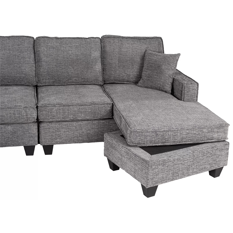 Vini 5pc Sectional Sofa Set- 3 Pillows- USB- Foam Fill Slate Gray Chenille