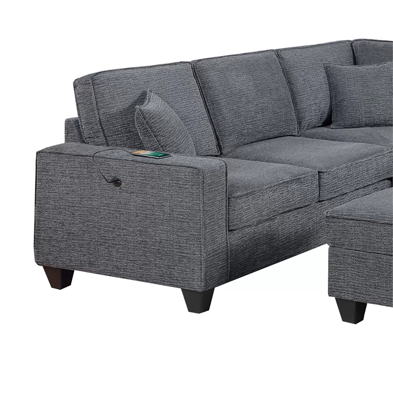 Vini 5pc Sectional Sofa Set- 3 Pillows- USB- Foam Fill Slate Gray Chenille