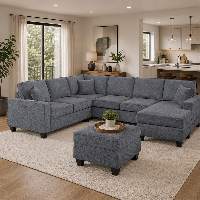 Vini 5pc Sectional Sofa Set- 3 Pillows- USB- Foam Fill Slate Gray Chenille