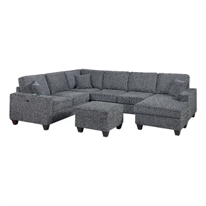 Vini 5pc Sectional Sofa Set- 3 Pillows- USB- Foam Fill Slate Gray Chenille