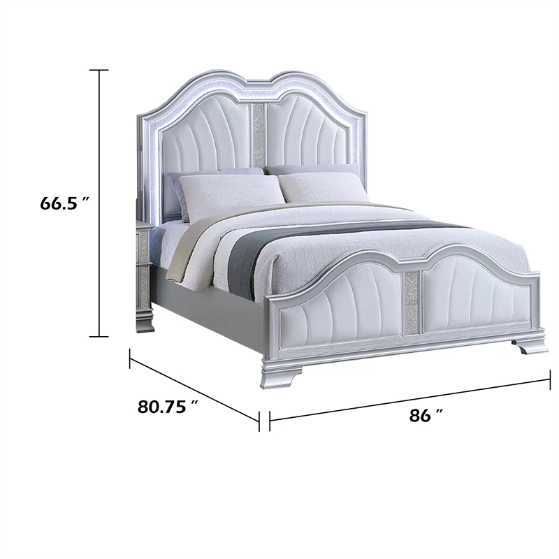 Mody Arched King Bed w LED- Glitter Stripe- Silver Fabric Upholstery- Gray