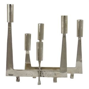 5 Arm Candle Holder- Asymmetrical Geometric Style- Silver Metal 16 Inch