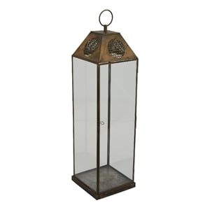 Greg Glass Lantern with Vented Top- Ring Handle- Bronze Metal 28 Inch