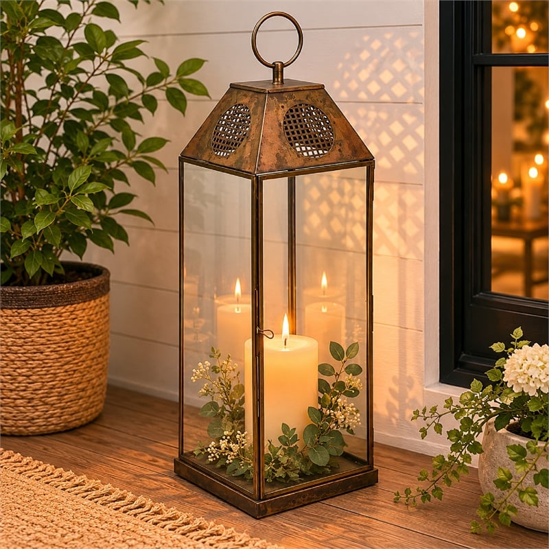Greg Glass Lantern with Vented Top- Ring Handle- Bronze Metal 24 Inch