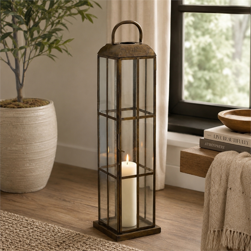 Esha 20 Inch Tall Lantern with Handle- Clear Glass Panels- Bronze Metal