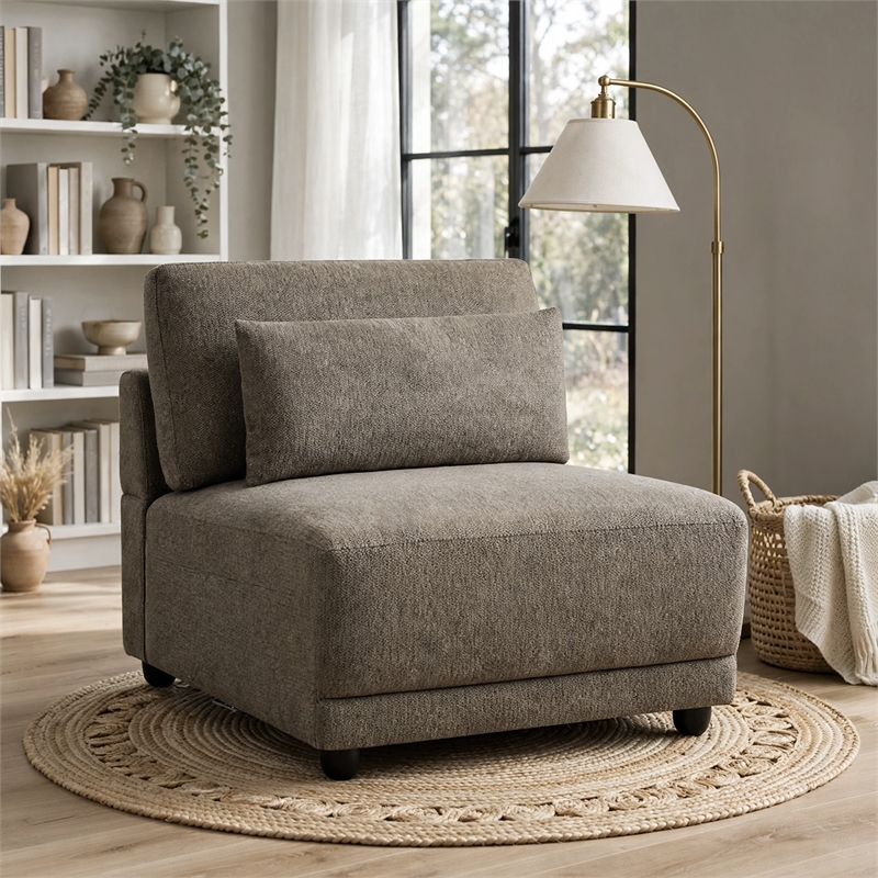 Rily Modular Armless Chair w Lumbar Pillow- Foam Fill Seat- Brown Linen