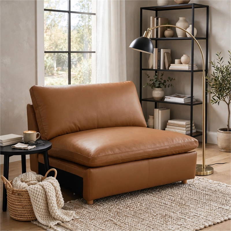 Ridaa Modular Armless Chair- Full Foam Seat- Brown Top Grain Leather