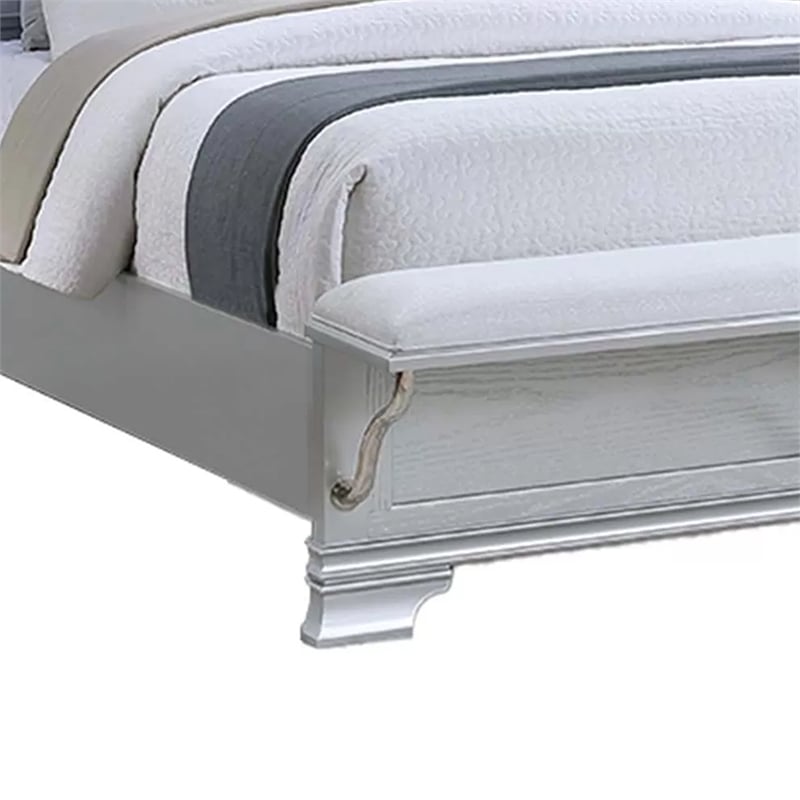 Mody King Bed w LED- Footboard Bench- Silver Fabric Upholstery- Gray