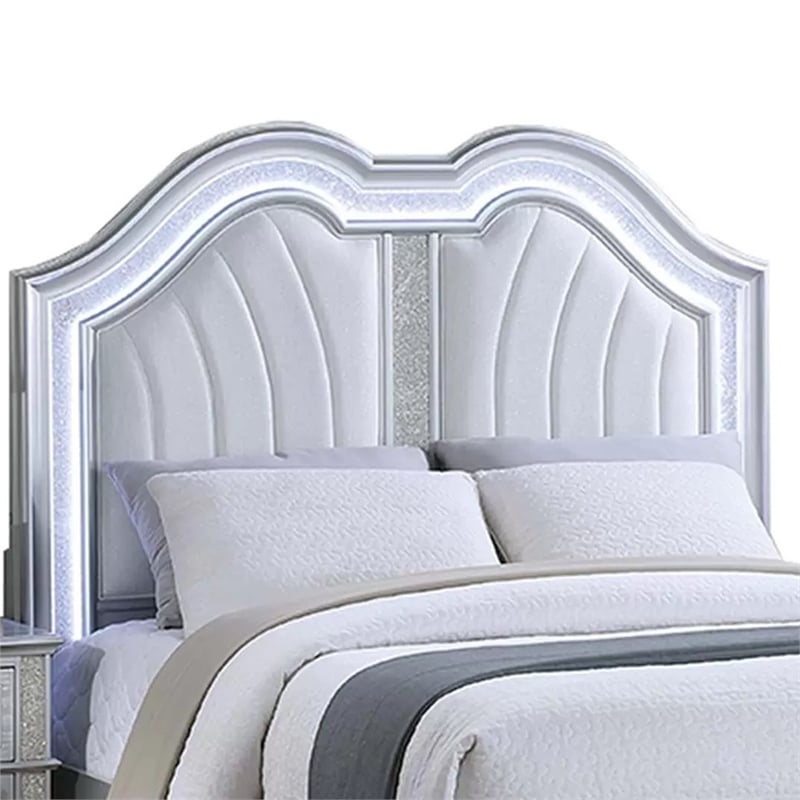 Mody King Bed w LED- Footboard Bench- Silver Fabric Upholstery- Gray