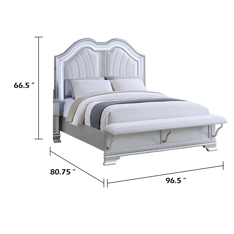 Mody King Bed w LED- Footboard Bench- Silver Fabric Upholstery- Gray