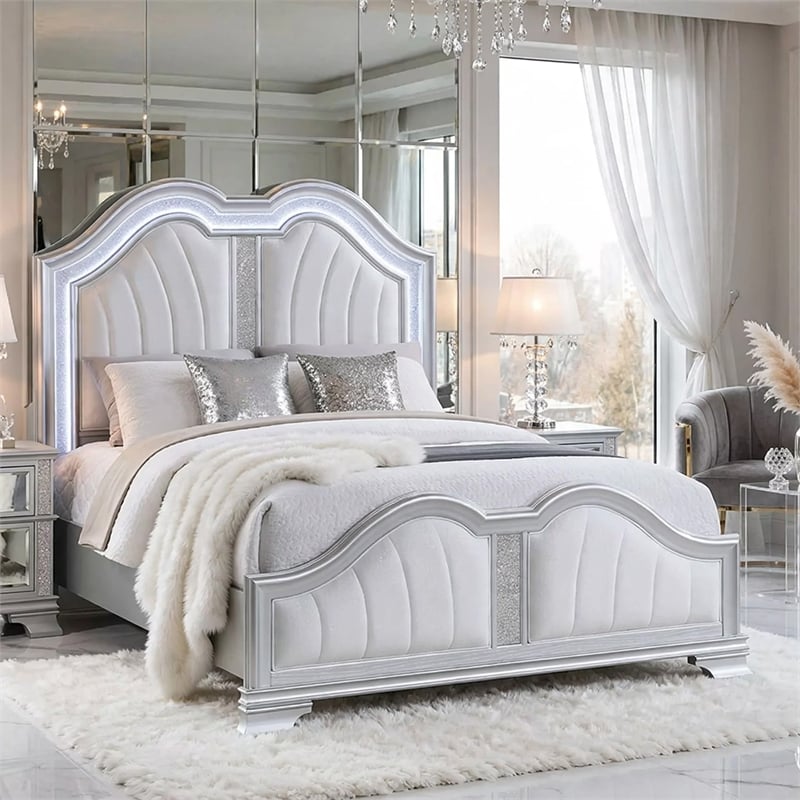 Mody King Bed w LED- Footboard Bench- Silver Fabric Upholstery- Gray