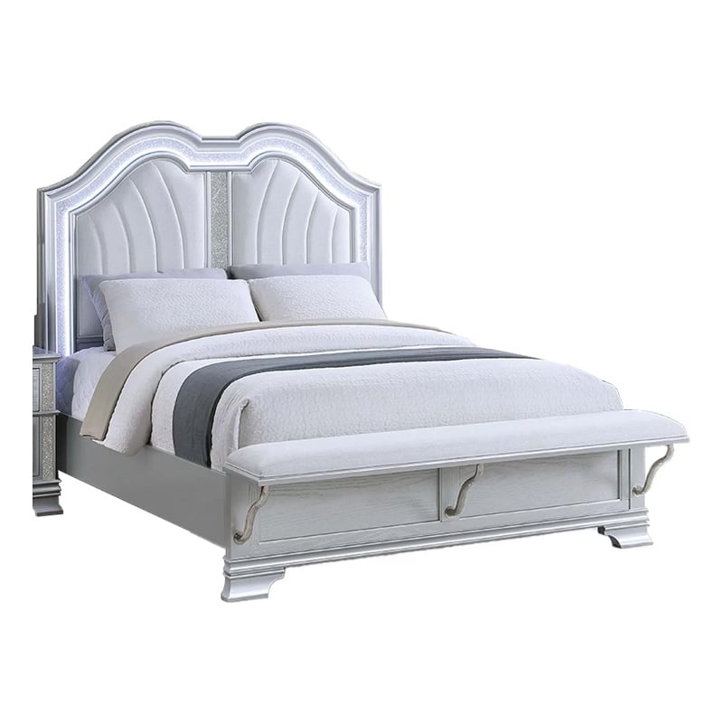 Mody King Bed w LED- Footboard Bench- Silver Fabric Upholstery- Gray