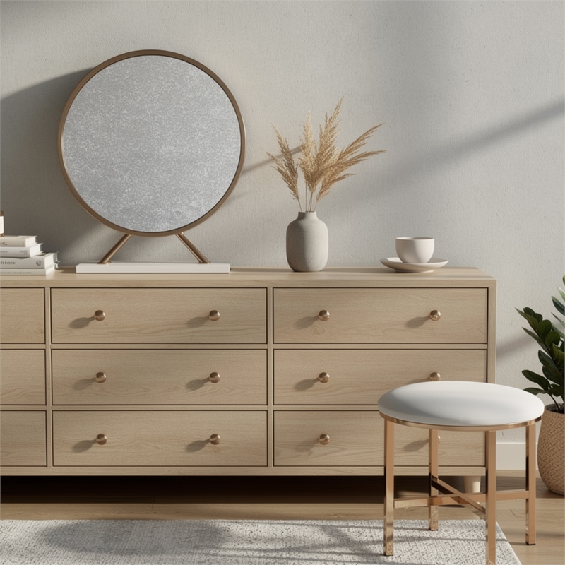 Dika 2pc Vanity Mirror and Stool Set- Faux Leather Seat- White and Gold