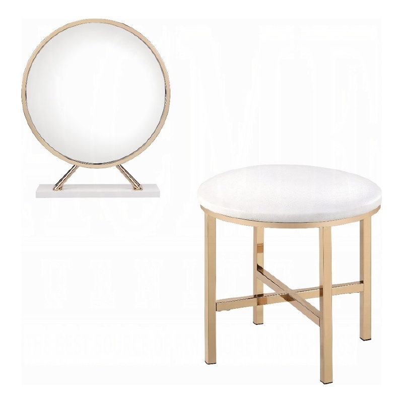 Dika 2pc Vanity Mirror and Stool Set- Faux Leather Seat- White and Gold