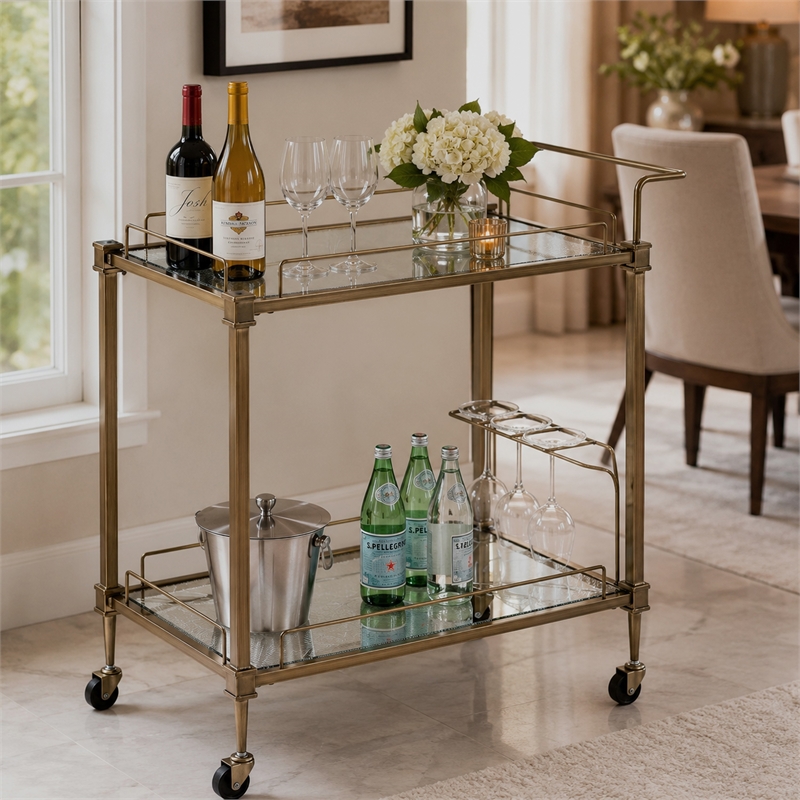 Dity Serving Cart- 2 Mirror Glass Shelves- Antique Brass Metal 33 Inch