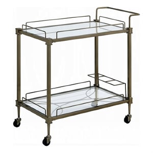 Dity Serving Cart- 2 Mirror Glass Shelves- Antique Brass Metal 33 Inch