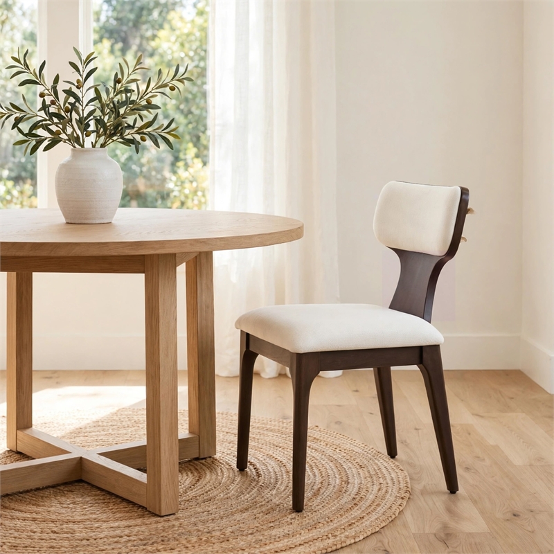 Mopa Side Chair Set of 2- Beige Chenille- Low Back- Oak Brown Wood Frame