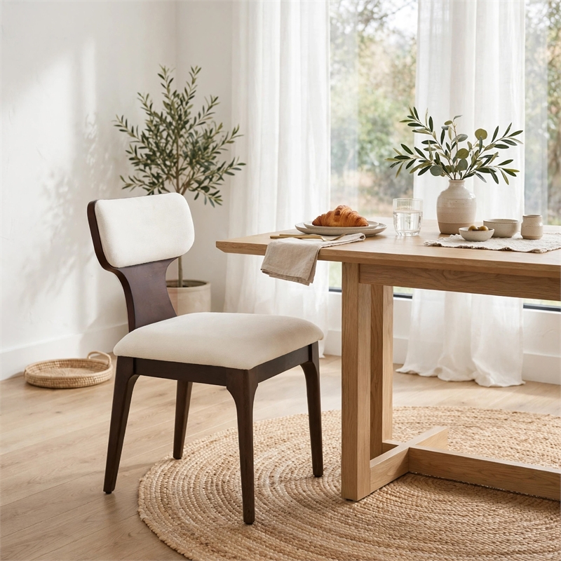 Mopa Side Chair Set of 2- Beige Chenille- Low Back- Oak Brown Wood Frame
