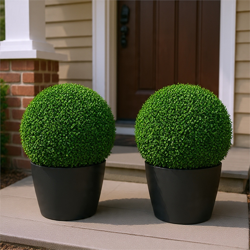 Zyra Artificial Boxwood Topiary Ball- Set of 2- Green Poly Silk 20 Inch