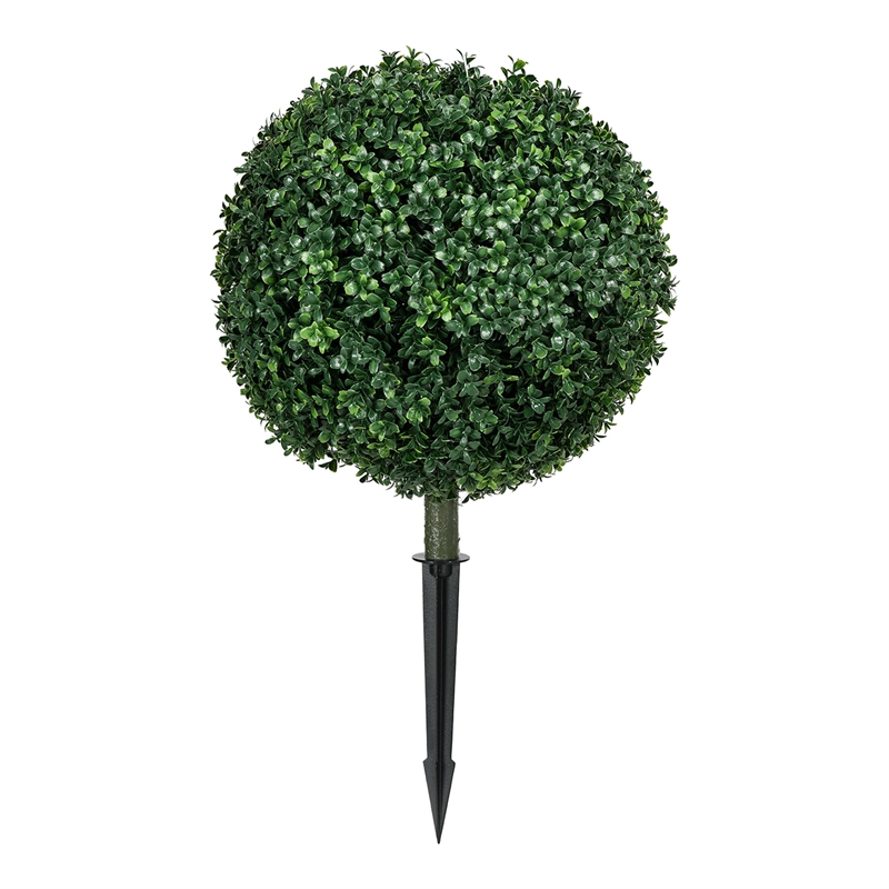 Owen Boxwood Round Ball Topiary Set w Ground Stake- Poly Silk 16 Inch