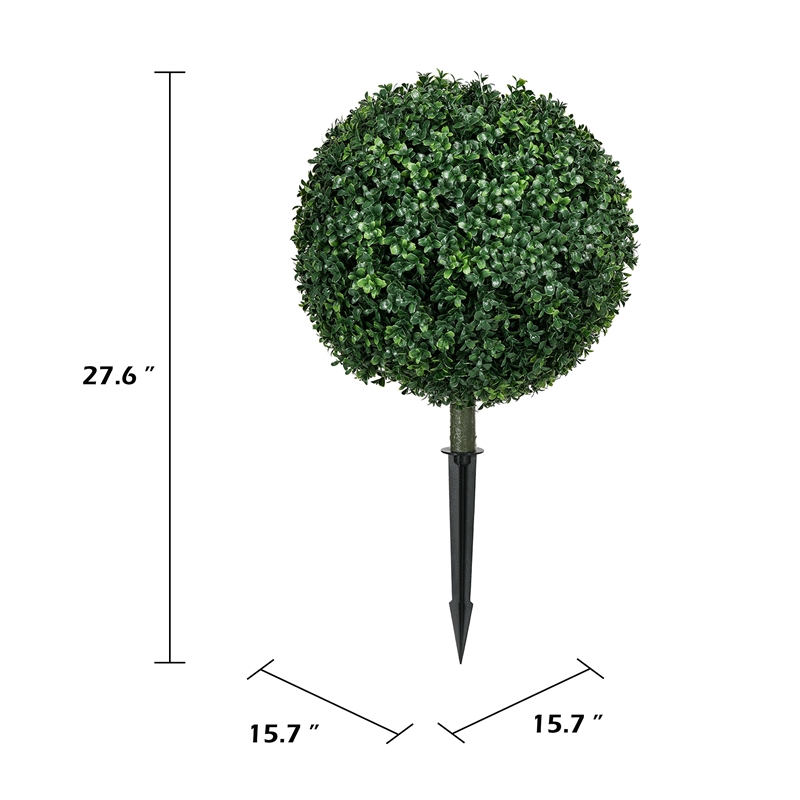 Owen Boxwood Round Ball Topiary Set w Ground Stake- Poly Silk 16 Inch