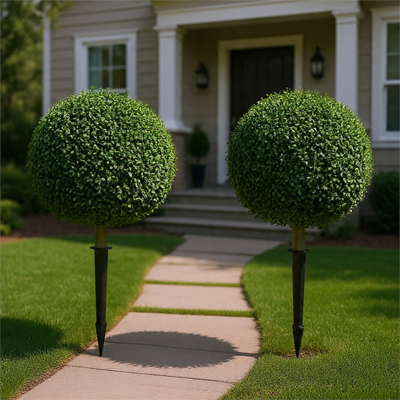 Owen Boxwood Round Ball Topiary Set w Ground Stake- Poly Silk 16 Inch
